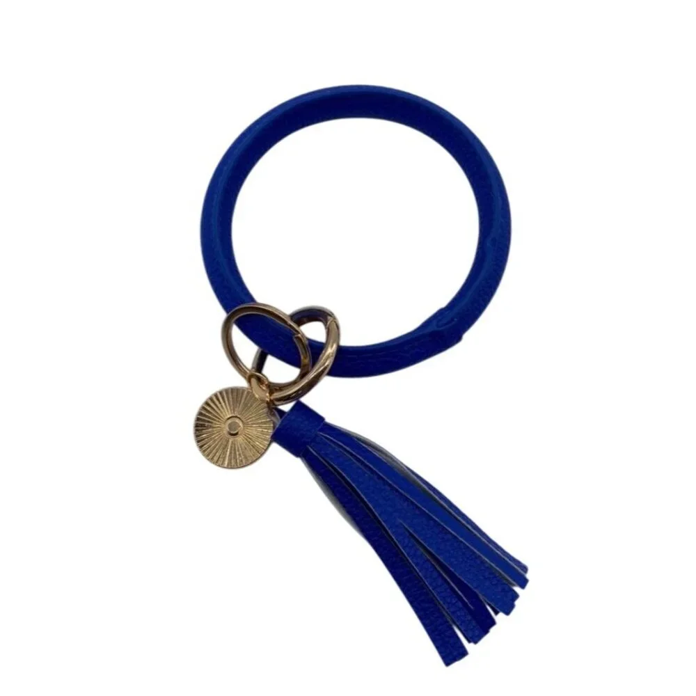 Royal Blue Leather Bangle Keychain With Tassel Gold‎ Charm & Rings Wristlet